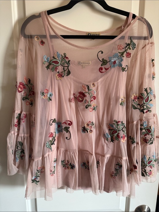 Democracy Tops - Democracy Pink Sheer Embroidered Ruffle Blouse with Matching Tank
